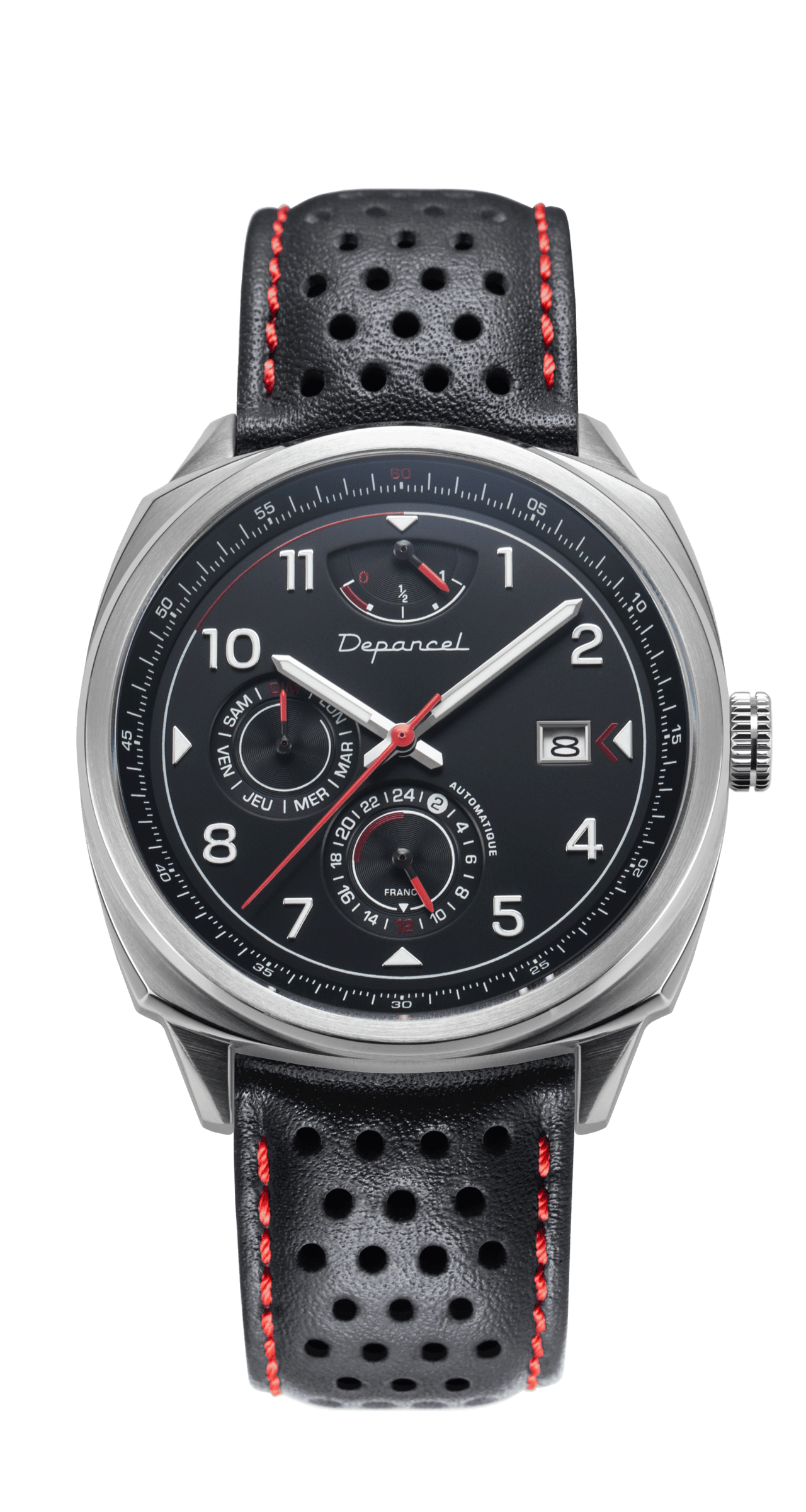 Depancel Auto Rs: L'Inspiration Bleue 9 Depancel Auto 110 Bracelet Cuir Noir Cadran Noir Rouge | Depancel Auto Rs: L'Inspiration Bleue