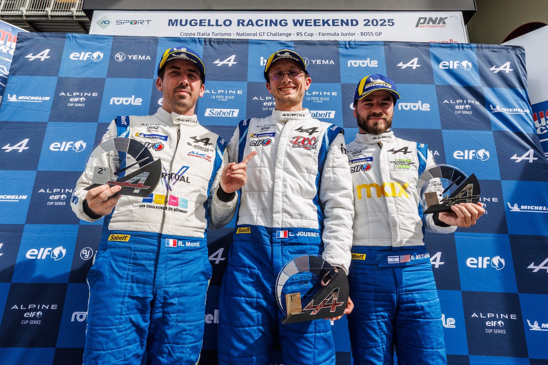 Jousset Léo (Fra), Race Cars Consulting, Alpine Elf Cup Series, Portrait, Monti Romain (Fra), Chazel Technologie Course, Alpine Elf Cup Series, Portrait, Mehuyas Roee (Usa), Vps Racing, Alpine Elf Cup Series, Portrait During The 5Th Round Of The Alpine Elf Cup Series 2025, From September 5 To 7, 2025 On The Autodromo Internazionale Del Mugello, In Scarperia E San Piero, Italy - Photo Alex Guillaumot / Dppi