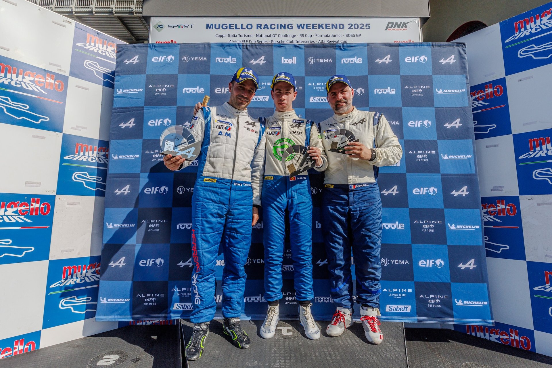 Ovsienko Ivan (Kgz), Chazel Technologie Course, Alpine Elf Cup Series, Portrait, Bossy Thibaut (Fra), Herrero Racing, Alpine Elf Cup Series, Portrait, Sciabbarrasi Giani (Fra), Chazel Technologie Course, Alpine Elf Cup Series, Portrait During The 5Th Round Of The Alpine Elf Cup Series 2025, From September 5 To 7, 2025 On The Autodromo Internazionale Del Mugello, In Scarperia E San Piero, Italy - Photo Alexandre Guillaumot / Dppi