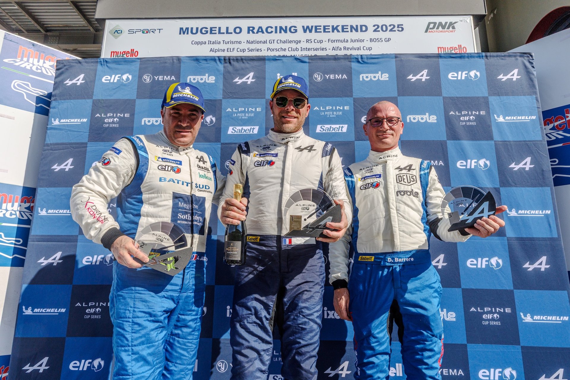 Wallgren Rodolphe (Fra), Chazel Technologie Course, Alpine Elf Cup Series, Portrait, Barrere David (Fra), Herrero Racing, Alpine Elf Cup Series, Portrait, Jacono Alain (Fra), Chazel Technologie Course, Alpine Elf Cup Series, Portrait During The 5Th Round Of The Alpine Elf Cup Series 2025, From September 5 To 7, 2025 On The Autodromo Internazionale Del Mugello, In Scarperia E San Piero, Italy - Photo Alexandre Guillaumot / Dppi