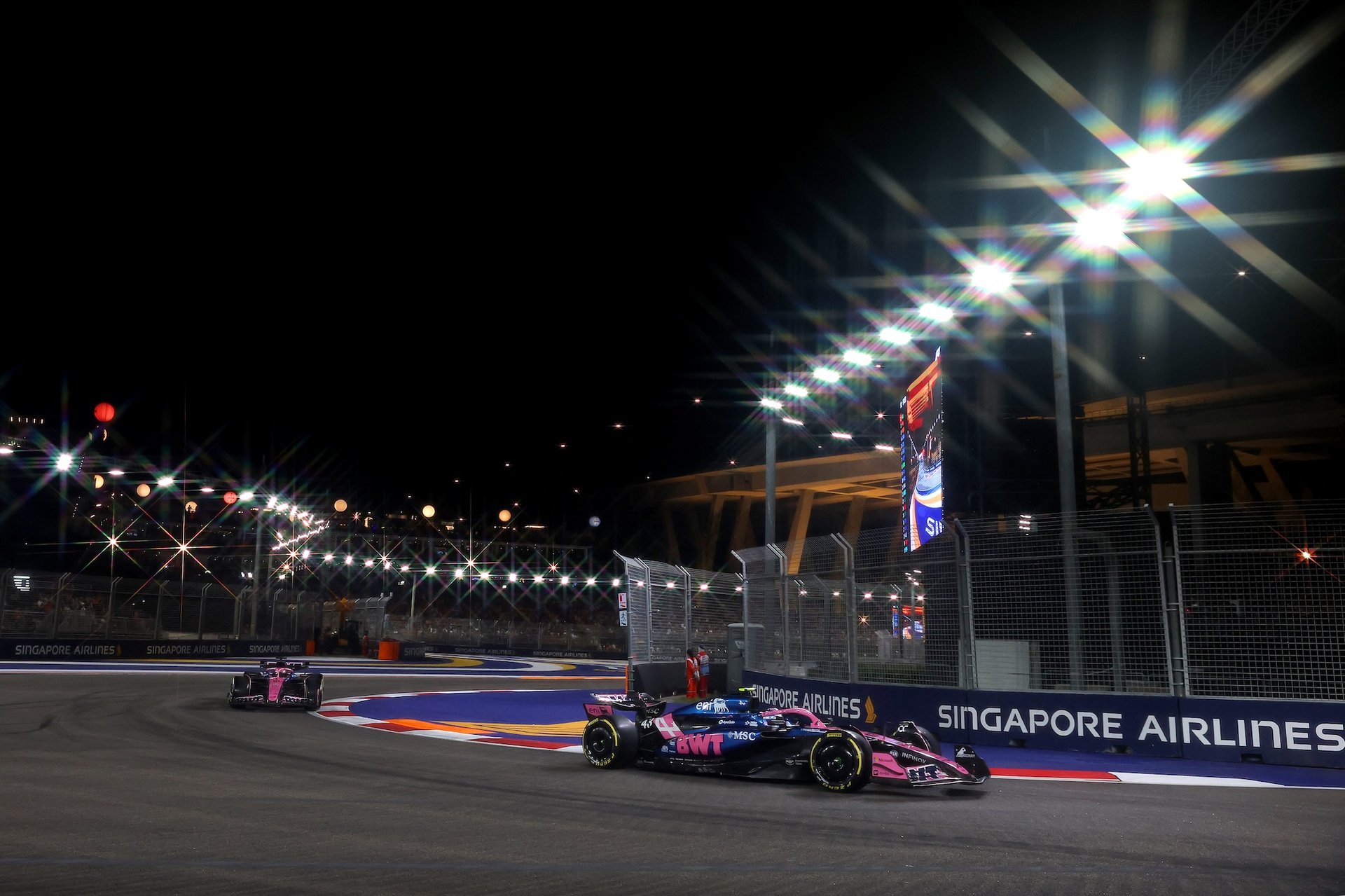 Singapore, Singapore - October 03: (Editors Note: A Special Effects Camera Filter Was Used For This Image.) Franco Colapinto Of Argentina Driving The (43) Alpine F1 A525 Renault Leads Pierre Gasly Of France Driving The (10) Alpine F1 A525 Renault On Track During Practice Ahead Of The F1 Grand Prix Of Singapore At Marina Bay Street Circuit On October 03, 2025 In Singapore, Singapore. (Photo By Steven Tee/Lat Images)