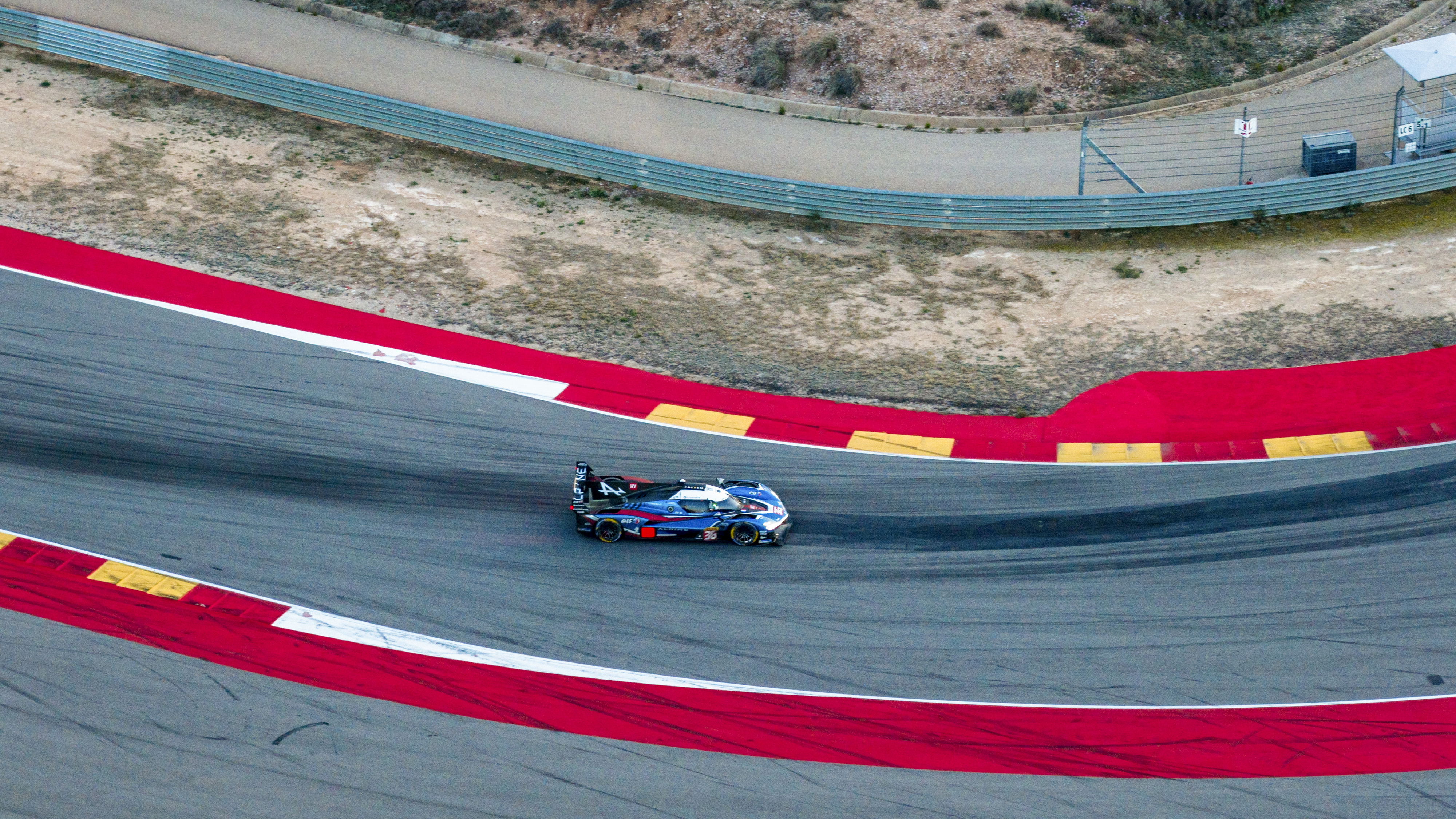 36 MAKOWIECKI Frédéric (fra), GOUNON Jules (fra), MARTINS Victor (fra), Alpine Endurance Team, Alpine A424 #36, Hypercar, action drone during the Alpine private test session on the MotorLand Aragon from Februar 25 to 26, 2026 in Alcaniz, Spain - Photo Drone C3C / DPPI