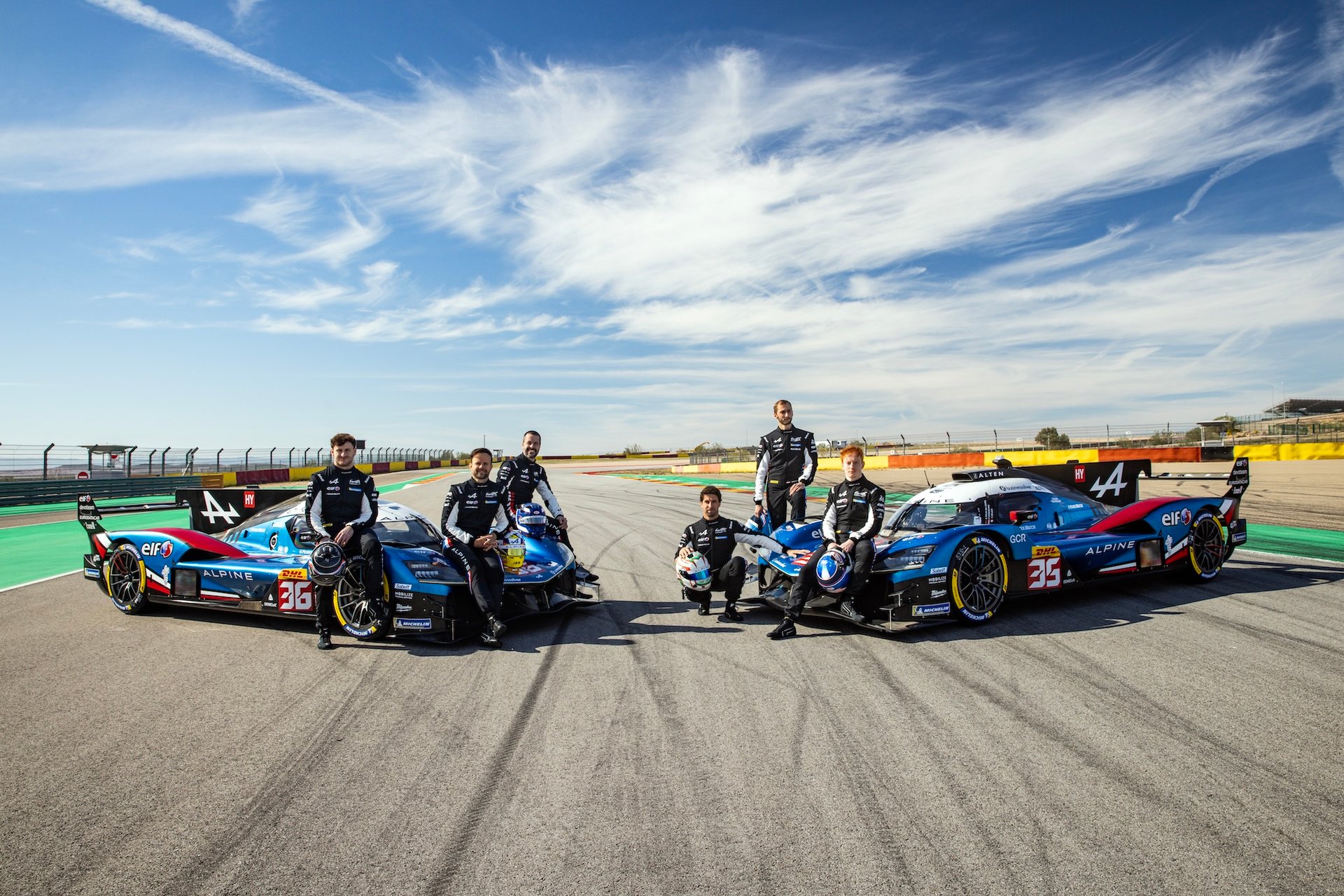 Alpine A424 Photoshoot, 35 Da Costa Antonio (Por), Habsburg Ferdinand (Aut), Milesi Charles (Fra), Alpine Endurance Team, Alpine A424 #35, Hypercar, Portrait; 36 Makowiecki Frédéric (Fra), Gounon Jules (Fra), Martins Victor (Fra), Alpine Endurance Team, Alpine A424 #36, Hypercar, Portrait During The Alpine Private Test Session At Motorland Aragón From February 25 To 26, 2026 In Alcañiz, Spain - Photo Xavier Bonilla / Dppi