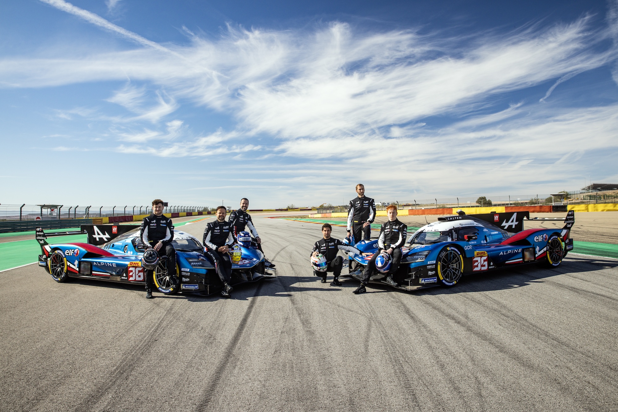 Alpine A424 photoshoot 35 DA COSTA Antonio (por), HABSBURG Ferdinand (aut), MILESI Charles (fra), Alpine Endurance Team, Alpine A424 #35, Hypercar, portrait 36 MAKOWIECKI Frédéric (fra), GOUNON Jules (fra), MARTINS Victor (fra), Alpine Endurance Team, Alpine A424 #36, Hypercar, portrait during the Alpine private test session on the MotorLand Aragon from Februar 25 to 26, 2026 in Alcaniz, Spain - Photo Xavier Bonilla / DPPI