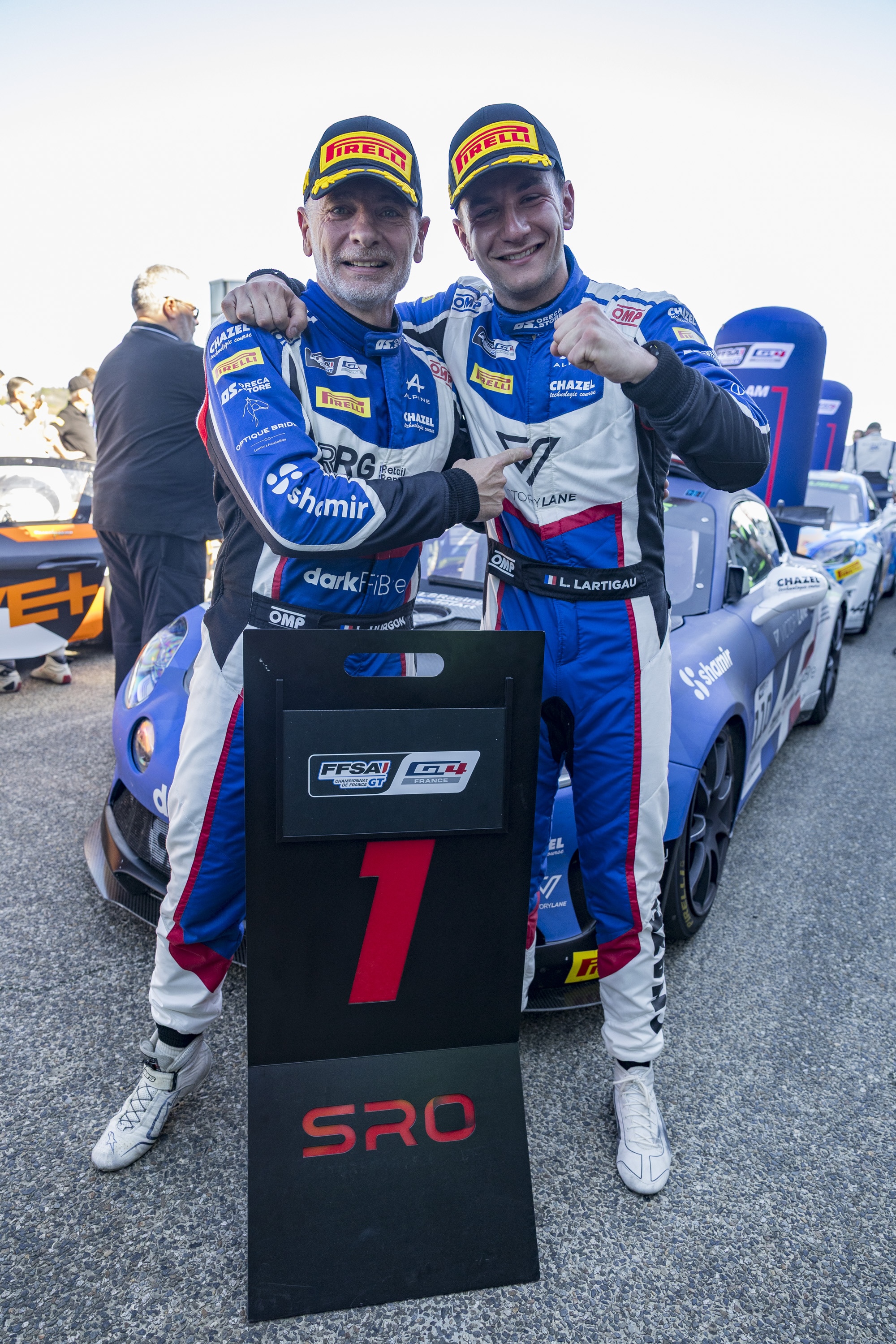 Alpine A110 GT4+ : Nogaro sous contrôle total, la Alpine ELF Cup Series en écho 5 110 LARTIGAU Lazare (FRA),HURGON Laurent (FRA),Chazel Technologie Course,Alpine A110 GT4+,portrait during the 1st round of the Championnat de France FFSA GT 2026, from April 3 to 6, 2026 on the Circuit Paul Armagnac, in Nogaro, France - Photo MARC DE MATTIA / DPPI