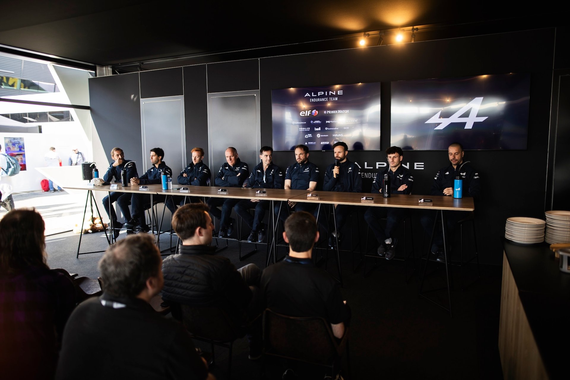 6 Hours Of Imola 2026 Wec: Alpine A424 Fights To P4 27 35 Felix Da Costa António (Prt), Habsburg Ferdinand (Aut), Milesi Charles (Fra), Alpine Endurance Team, Alpine A424 #35, Hypercar, Sinault Philippe (Fra), Team Principal And Owner Of Signatech Racing, Plasse Axel (Fra) Team Principal Of Alpine Endurance Team, Lapierre Nicolas (Fra) Sporting Director Of Alpine Endurance Team, 36 Gounon Jules (Fra), Makowiecki Frédéric (Fra), Martins Victor (Fra), Alpine Endurance Team, Alpine A424 #36, Hypercar, Portrait During The 6 Hours Of Imola 2026, 1St Round Of 2026 Fia World Endurance Championship, From April 16 To 19, 2026 On The Autodromo Enzo E Dino Ferrari In Imola, Italy - Photo Thomas Fenetre / Dppi