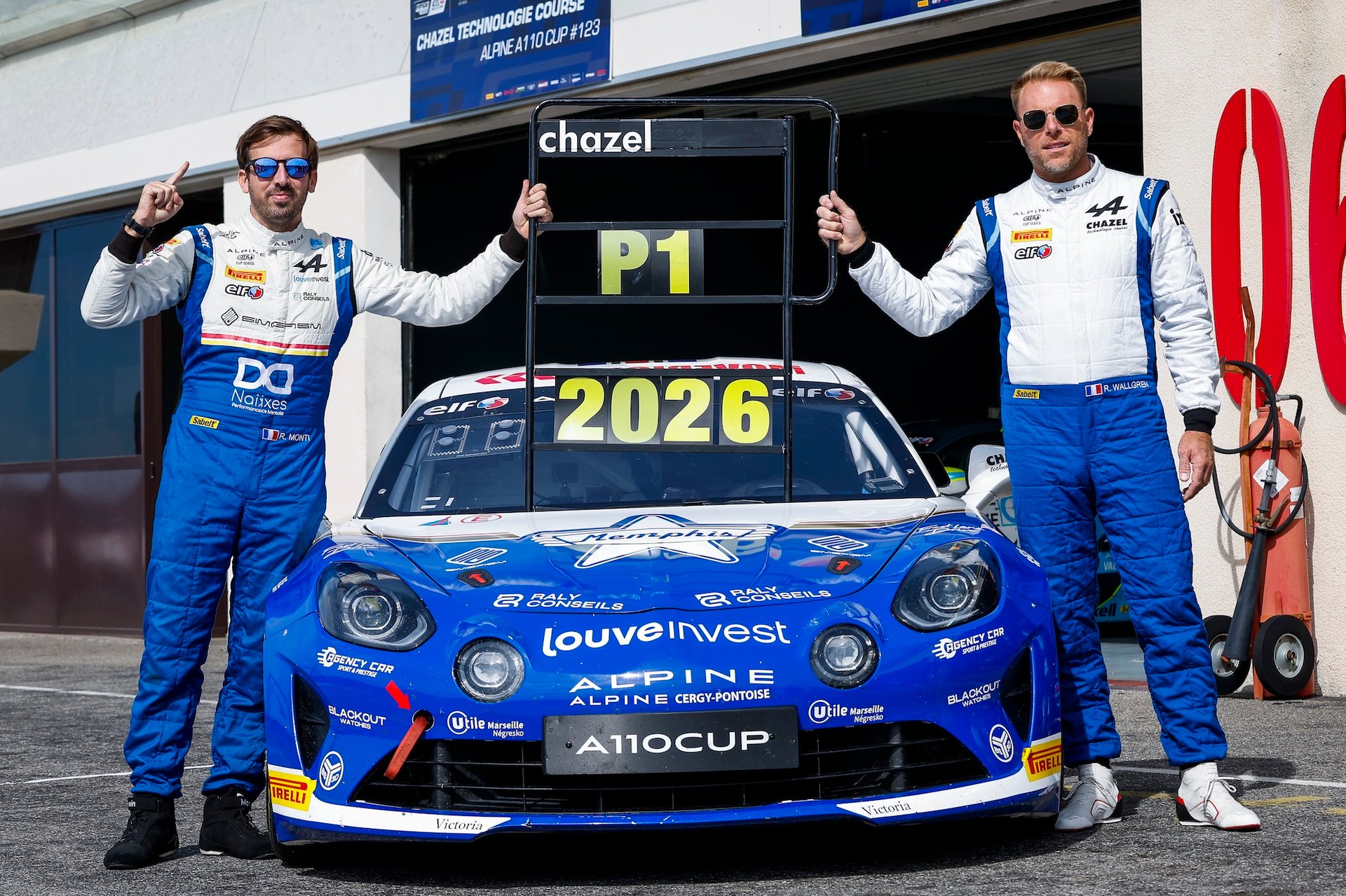 Alpine Sacrée En Ffsa Gt 2026 : L’a110 Gt4+ Au Sommet, Chazel Fait Le Plein En Cup 14 111 Monti Romain (Fra), Wallgren Rodolphe (Fra), Chazel Technologie Course, Alpine A110 Cup, Ambiance Vainqueur, Winner 2026, During The 5Th Round Of The Championnat De France Ffsa Gt 2026, From October 9 To 11, 2026 On The Circuit Paul Ricard, In Le Castellet, France - Photo Gregory Lenormand / Dppi